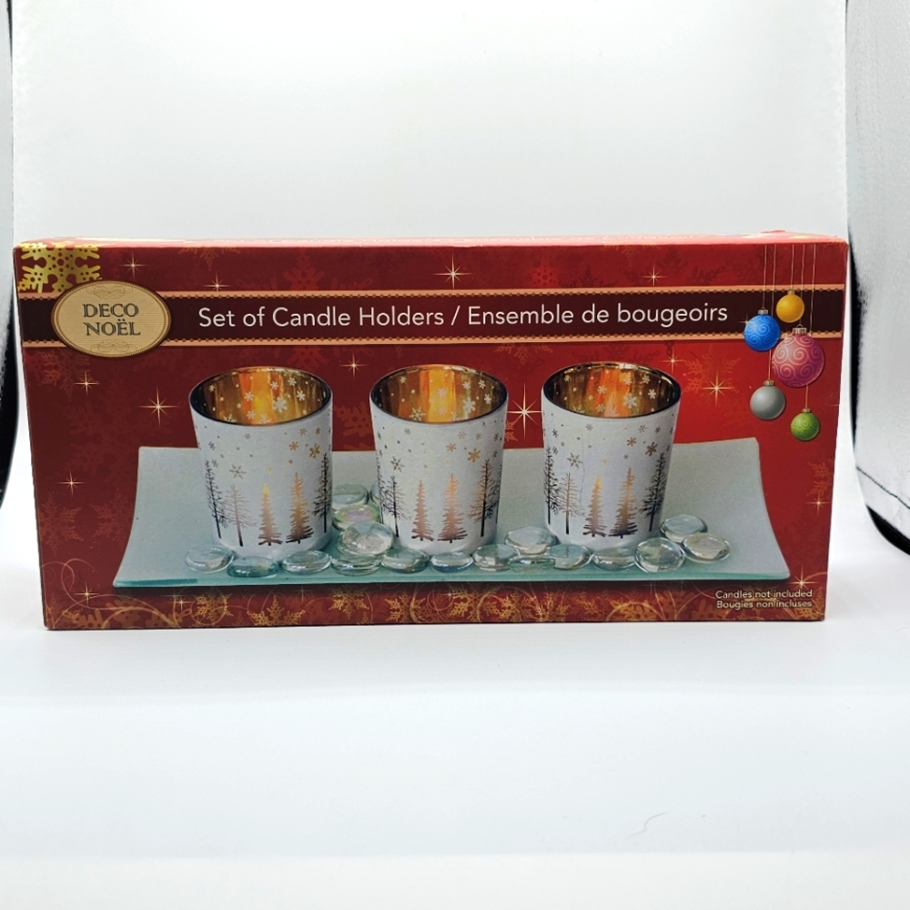 Winter Theme Candle Holder Set - Tea Lights, Glass Tray, Decorative Stones